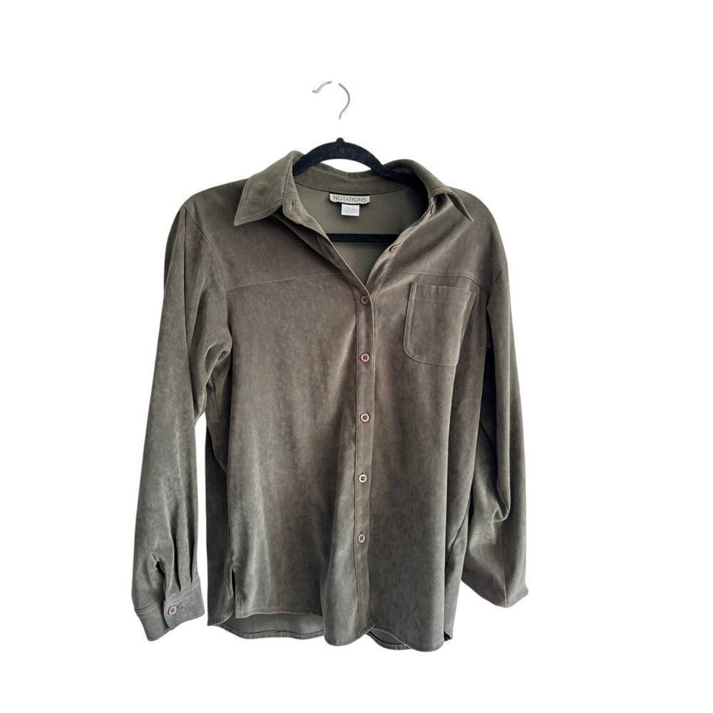 Women's S Vintage Notations Brown Microsuede Button Up Shirt Y2K Fall Core